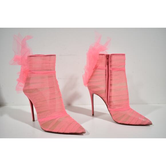 Christian Louboutin Libellibooty 100 Pink Mesh Tulle Ankle Boot Heel Pump 39.5 - Picture 4 of 12